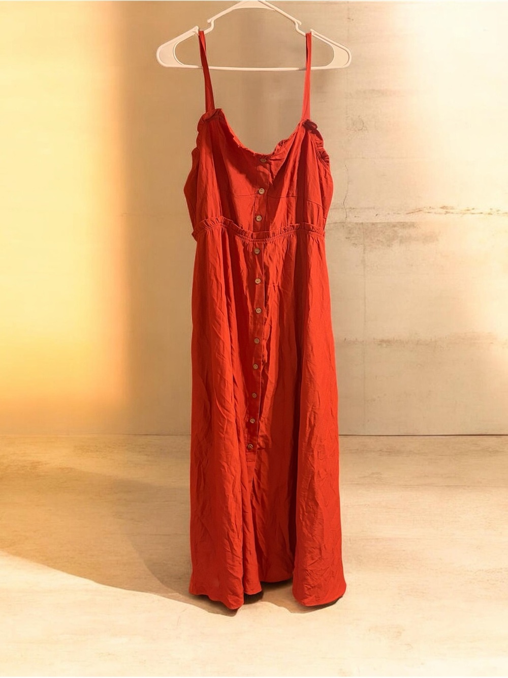 Rust Colored Button-Front Spaghetti Strap Maxi Dress